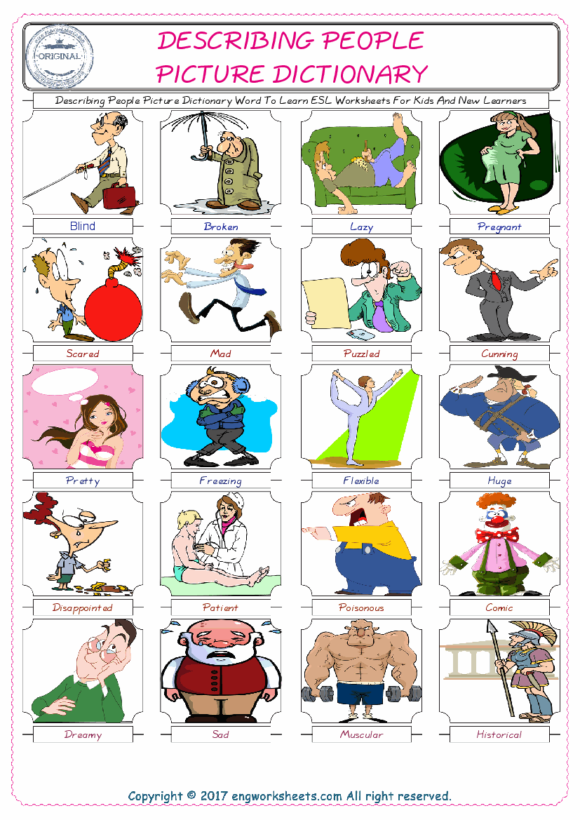  Describing People English Worksheet for Kids ESL Printable Picture Dictionary 